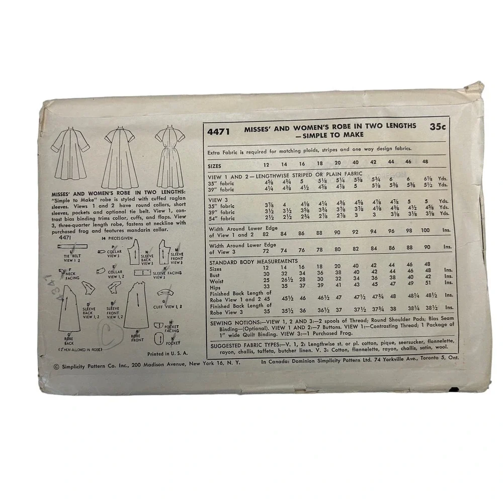 Simplicity Vintage‎ 1950's Pattern #4471 Women's Robe 2 Lengths Size 12 HTF